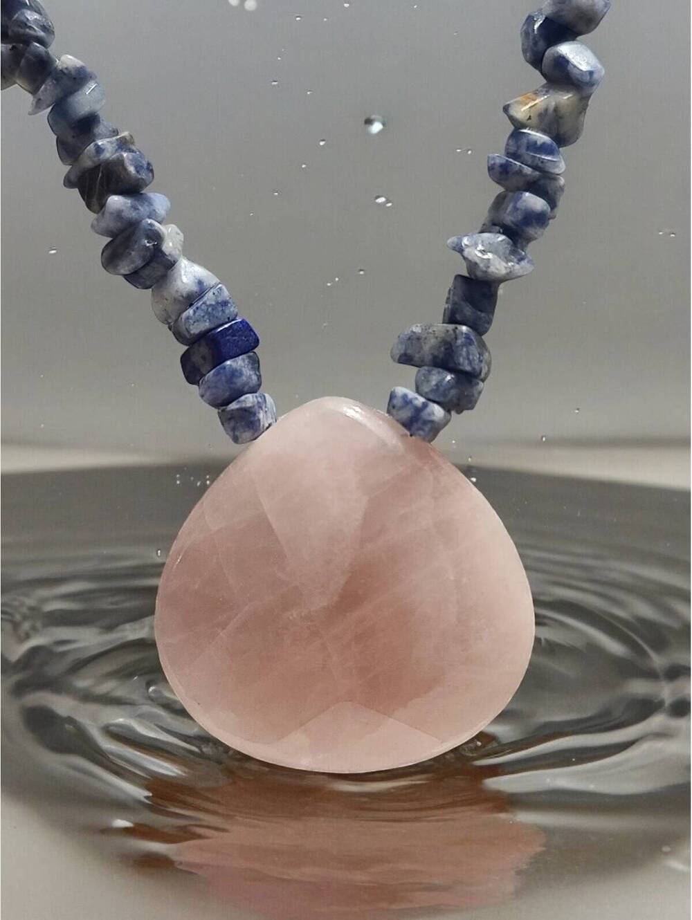 Faceted Teardrop Simulated Rose Quartz Pendant on Multi-Colored Beaded Necklace